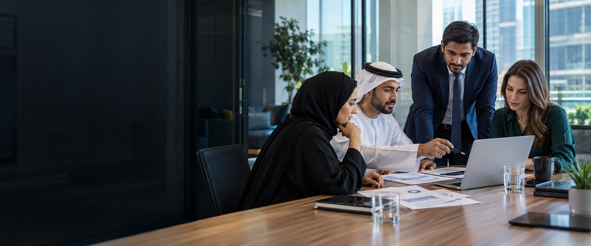 A UAE business team reviewing financial operations together